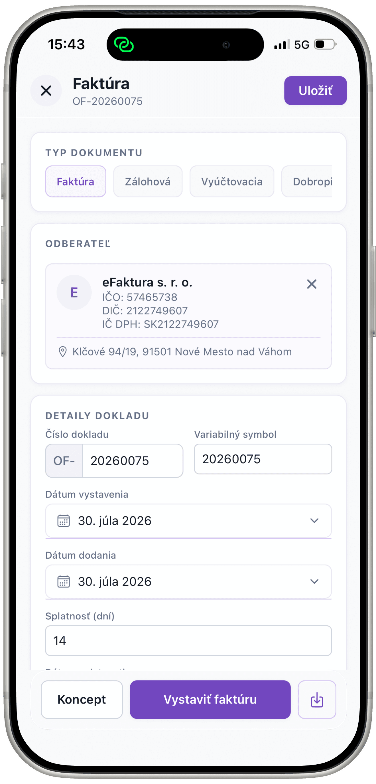 Mobilní aplikace eFaktura — vystavení faktury