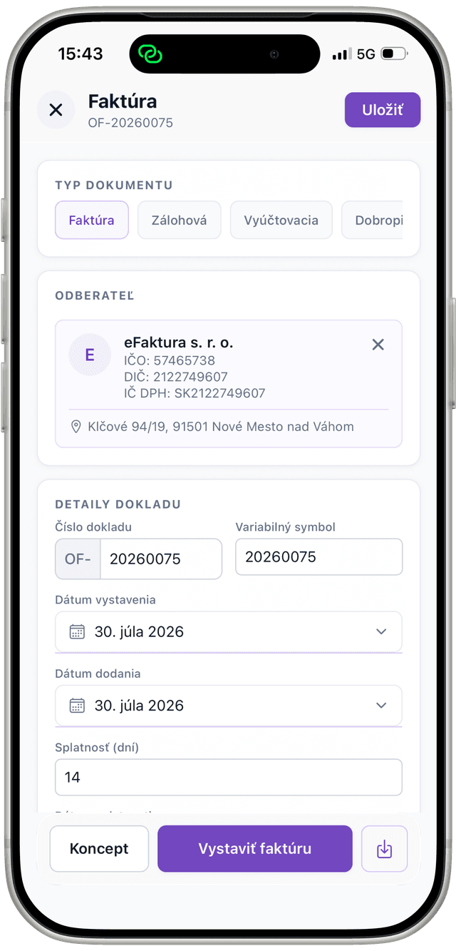 Mobilní aplikace eFaktura s formulářem nové faktury