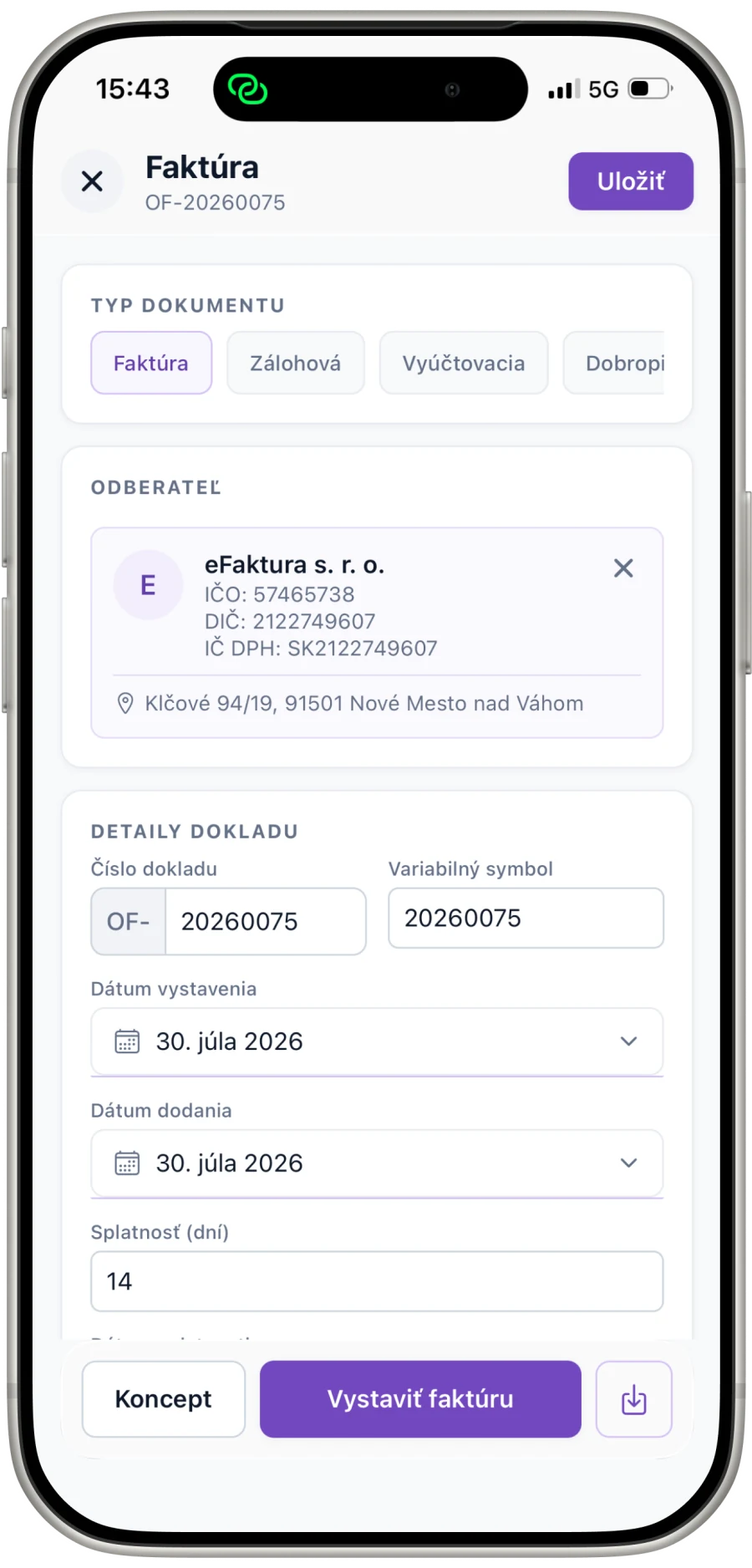 Mobilní aplikace eFaktura: vystavení faktury