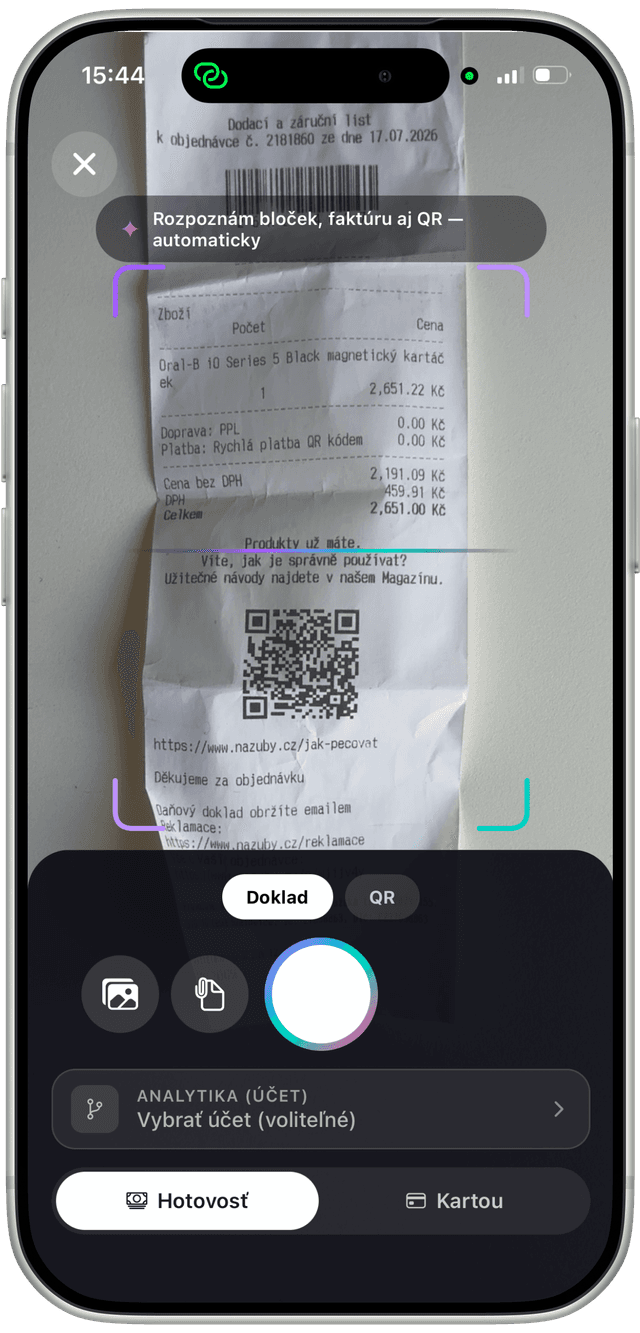 Skenování papírové účtenky mobilní aplikací eFaktura